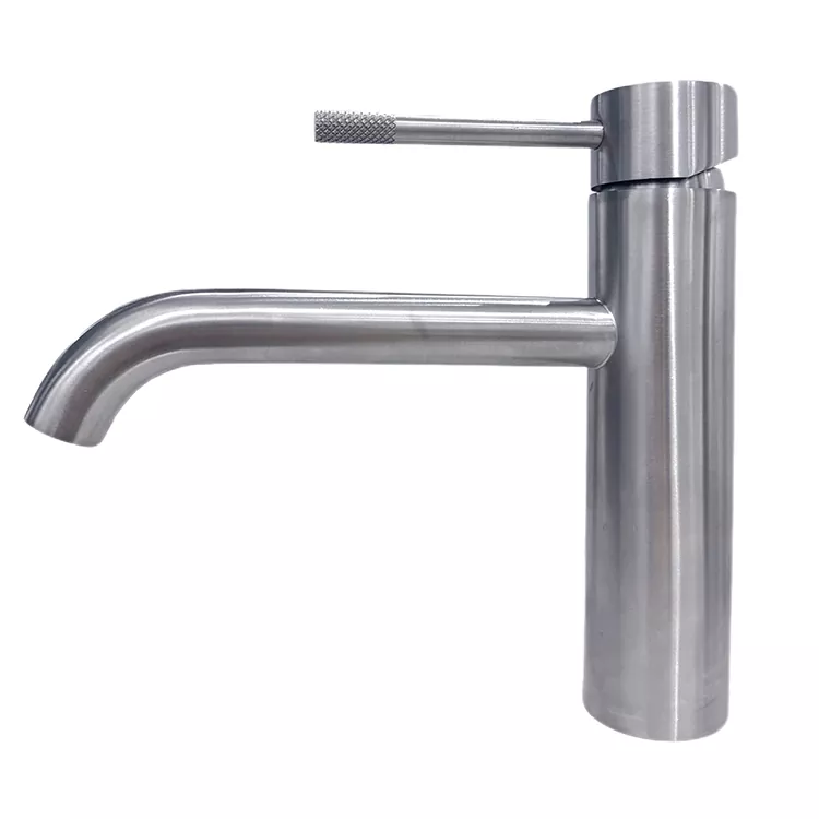 E Atolositsoeng Curved Spout Knurled Handle Hot And Cold Basin Faucet